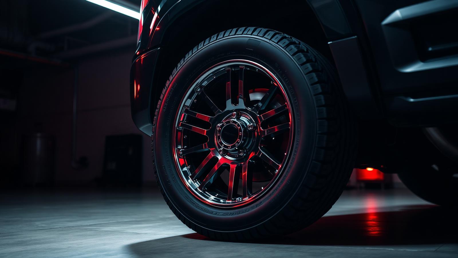 Custom alloy wheel and all-terrain tire on a truck in a service bay